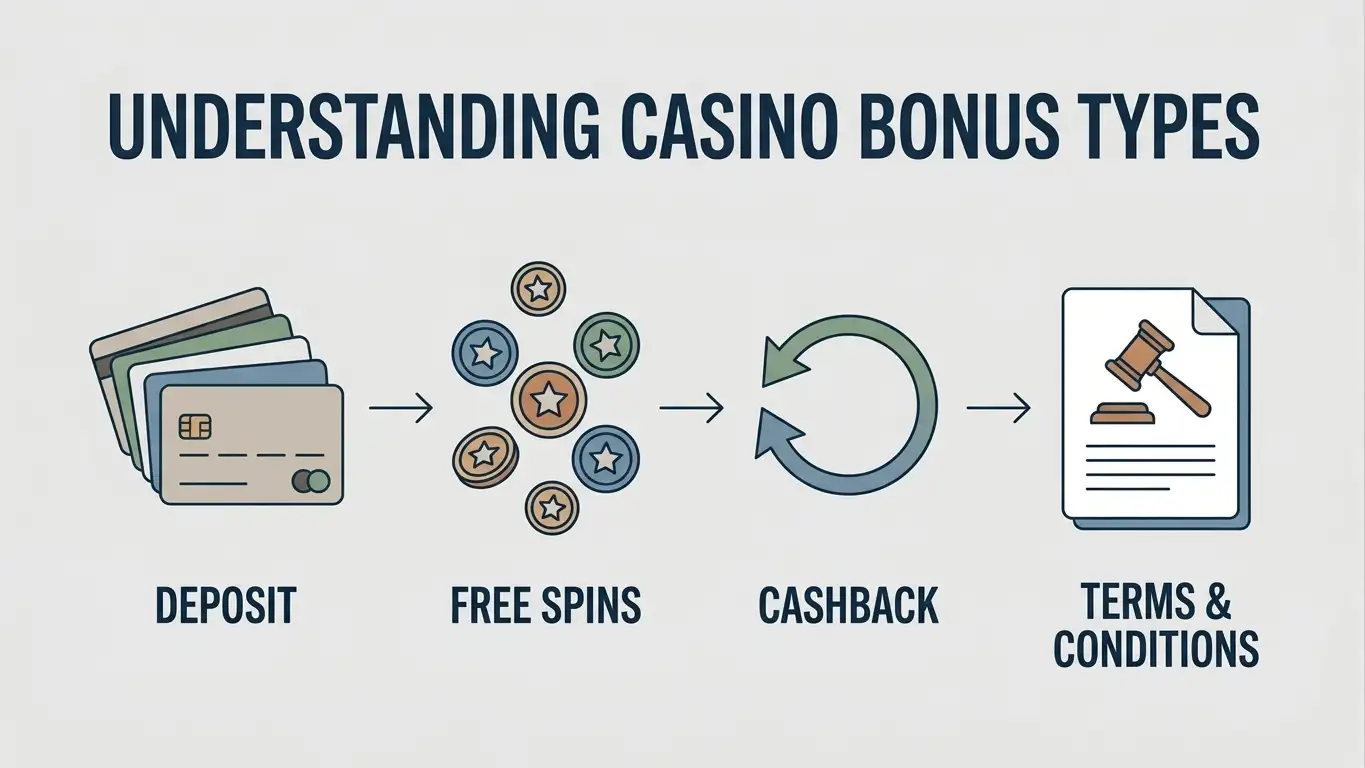 Layered casino bonus cards with deposit, cashback and wagering symbols