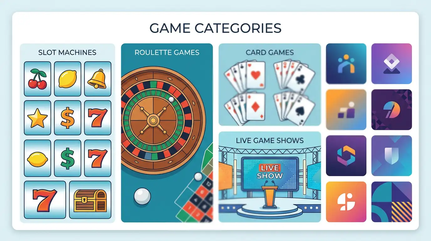 Abstract casino game scene with slot reels, table layouts and a rising crash-game curve