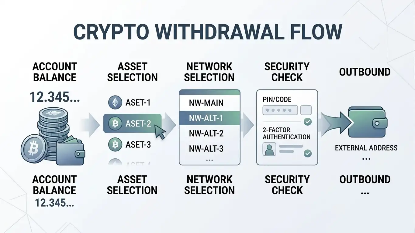 Cryptocurrency cashout moving through account review, processing and blockchain confirmation stages