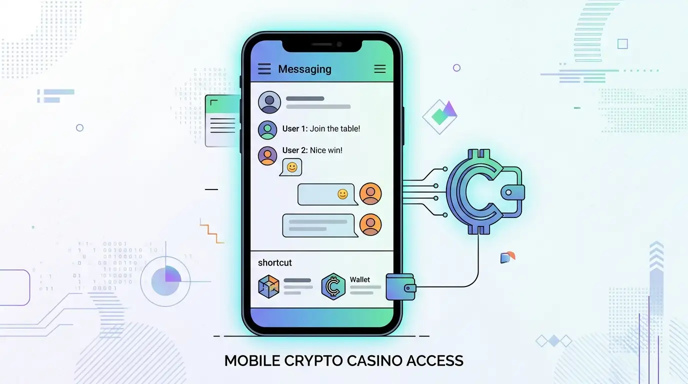 Smartphone and desktop screens connected to an abstract crypto wallet and casino tiles