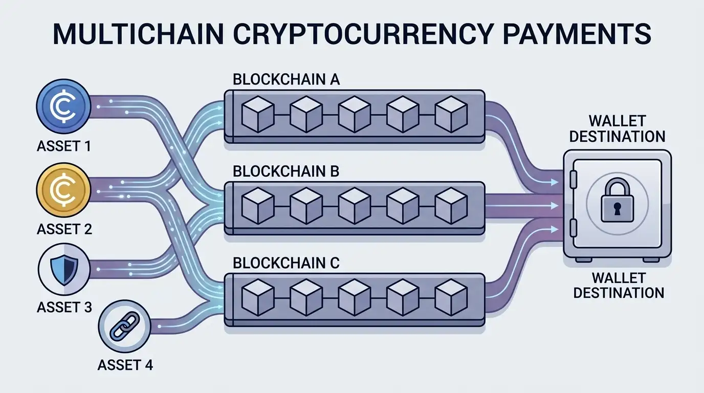 Abstract crypto wallet routing several digital assets across different blockchain paths