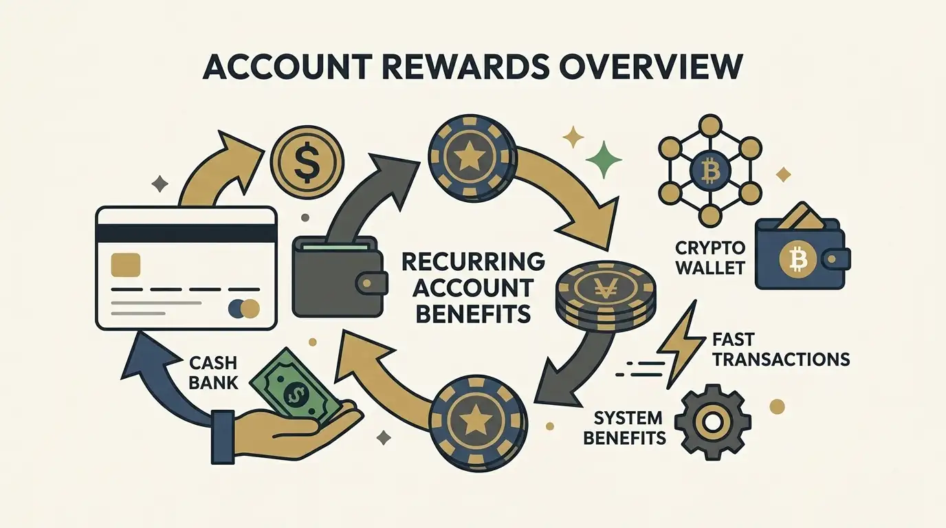 Premium account dashboard concept with cashback, wallet and support symbols arranged as editorial cards